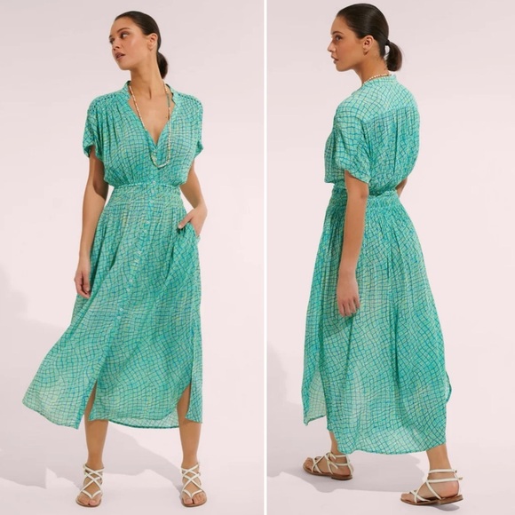 Poupette St. Barth Becky Printed Pullover Breezy Sky Abori Midi Dress size Large - Picture 1 of 11